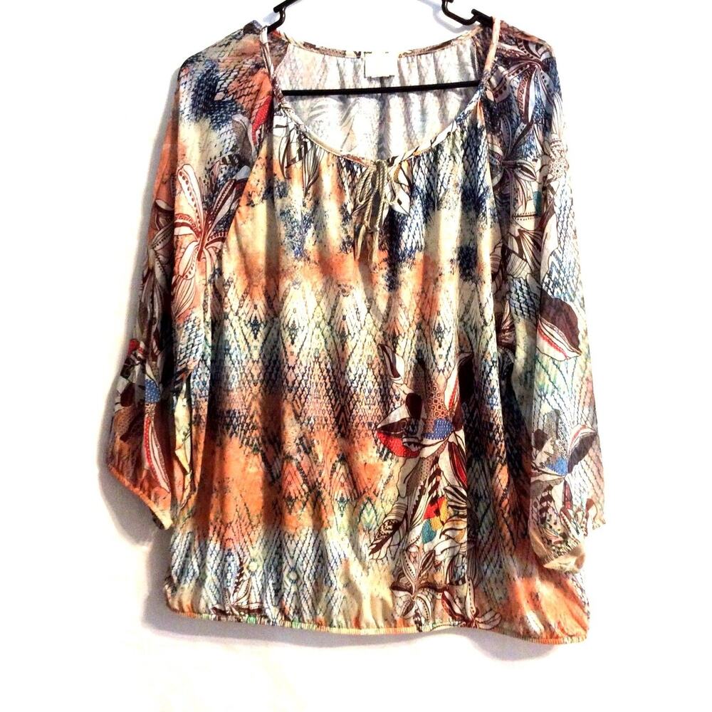 Chicos Womans Blouse Brown Multi Size XL ? Key Hole